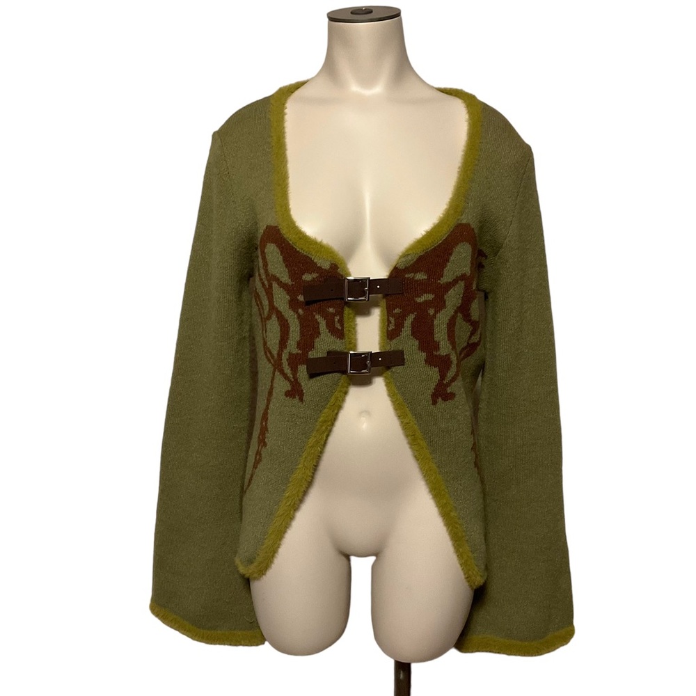 Cider Olive Green & Brown Buckle-Front Cardigan w/ Bell Sleeves - Picture 7 of 7